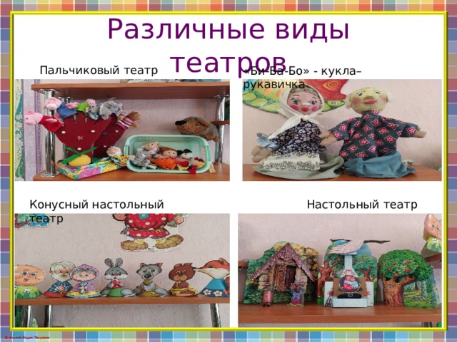 Различные виды театров Пальчиковый театр «Би-Ба-Бо» - кукла–рукавичка Конусный настольный театр Настольный театр 