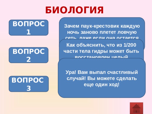 БИОЛОГИЯ Зачем паук-крестовик каждую ночь заново плетет ловчую сеть, даже если она остается неповрежденной? ВОПРОС 1 Как объяснить, что из 1/200 части тела гидры может быть восстановлен целый организм? Как называется это свойство живых организмов? ВОПРОС 2 Ура! Вам выпал счастливый случай! Вы можете сделать еще один ход! ВОПРОС 3 