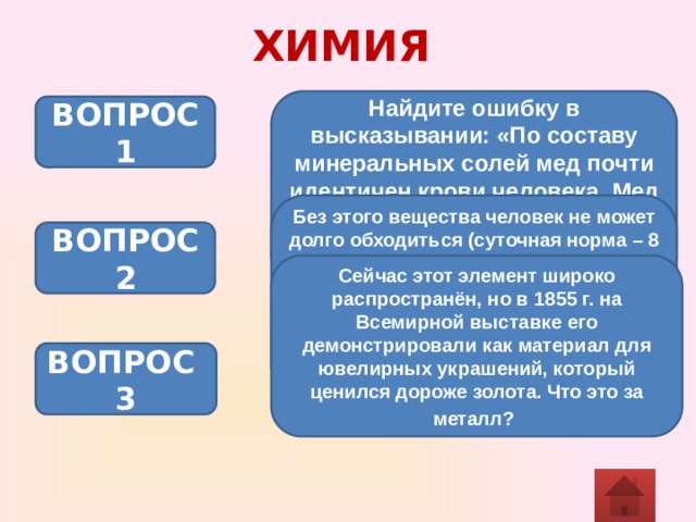 ХИМИЯ Найдите ошибку в высказывании: «По составу минеральных солей мед почти идентичен крови человека. Мед содержит 450 микроэлементов, из которых половина встречается только в меде» ВОПРОС 1 Без этого вещества человек не может долго обходиться (суточная норма – 8 г). В старину оно нередко заменяло деньги (в средние века им иногда расплачивались с крестоносцами). В древности просыпать данное вещество означало навлечь на себя гнев богов или просто неприятности. ВОПРОС 2 Сейчас этот элемент широко распространён, но в 1855 г. на Всемирной выставке его демонстрировали как материал для ювелирных украшений, который ценился дороже золота. Что это за металл?  ВОПРОС 3 