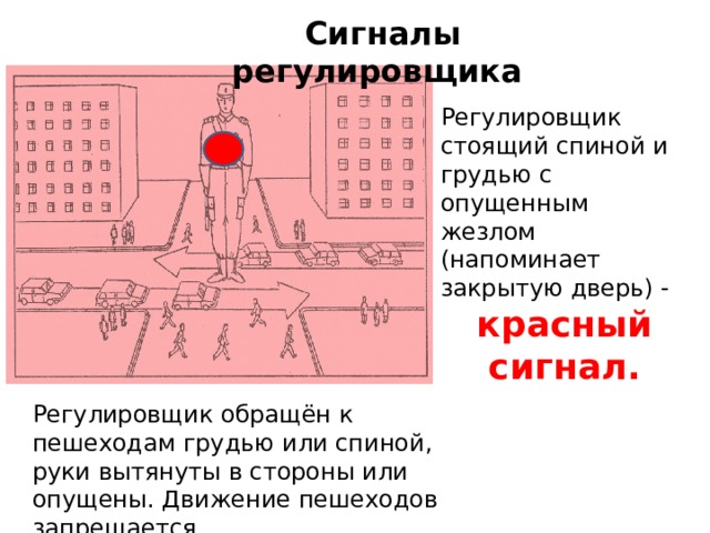 Сигналы регулировщика Регулировщик  стоящий спиной и грудью с опущенным жезлом (напоминает закрытую дверь) - красный сигнал. Регулировщик обращён к пешеходам грудью или спиной, руки вытянуты в стороны или опущены. Движение пешеходов запрещается. 