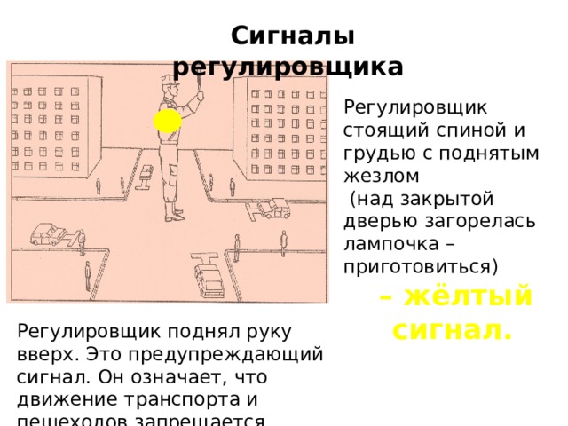 Сигналы регулировщика Регулировщик стоящий спиной и грудью с поднятым жезлом  (над закрытой дверью загорелась лампочка – приготовиться)  – жёлтый сигнал.   Регулировщик поднял руку вверх. Это предупреждающий сигнал. Он означает, что движение транспорта и пешеходов запрещается. 