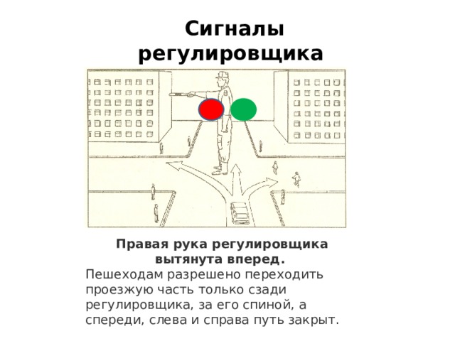Сигналы регулировщика Правая рука регулировщика вытянута вперед.   Пешеходам разрешено переходить проезжую часть только сзади регулировщика, за его спиной, а спереди, слева и справа путь закрыт. 