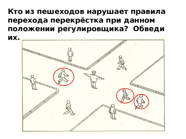 Кто из пешеходов нарушает правила перехода перекрёстка при данном положении регулировщика? Обведи их. 