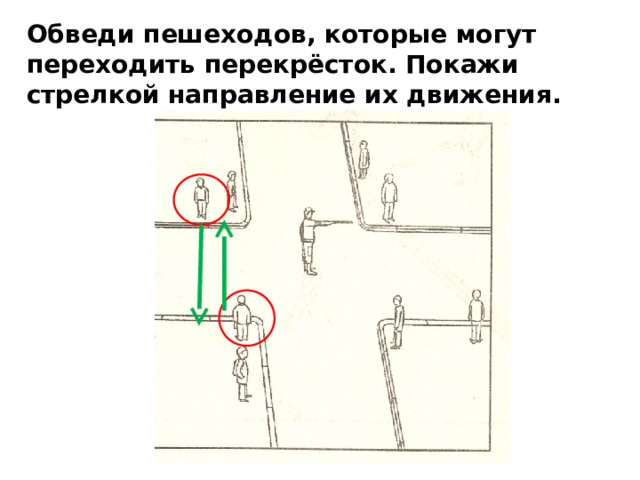 Обведи пешеходов, которые могут переходить перекрёсток. Покажи стрелкой направление их движения. 