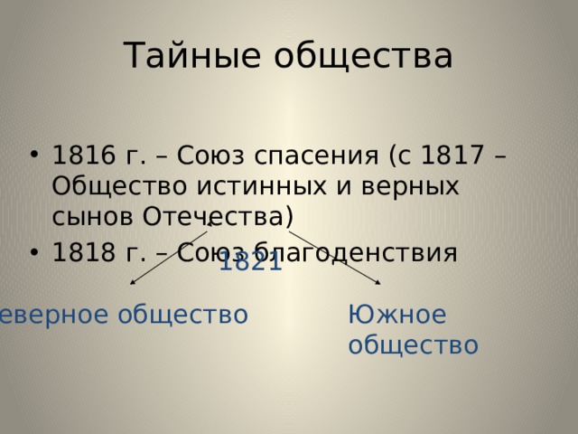 Тайные общества 1816 г. – Союз спасения (с 1817 – Общество истинных и верных сынов Отечества ) 1818 г. – Союз благоденствия 1821 Северное общество Южное общество 