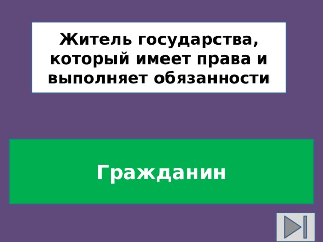 Житель государства, который имеет права и выполняет обязанности Гражданин 