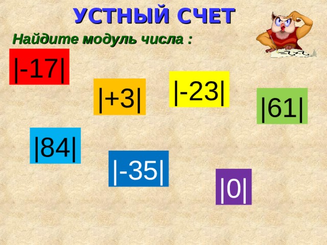 УСТНЫЙ СЧЕТ Найдите модуль числа : |-17| |-23| |+3| |61| |84| |-35| |0| 
