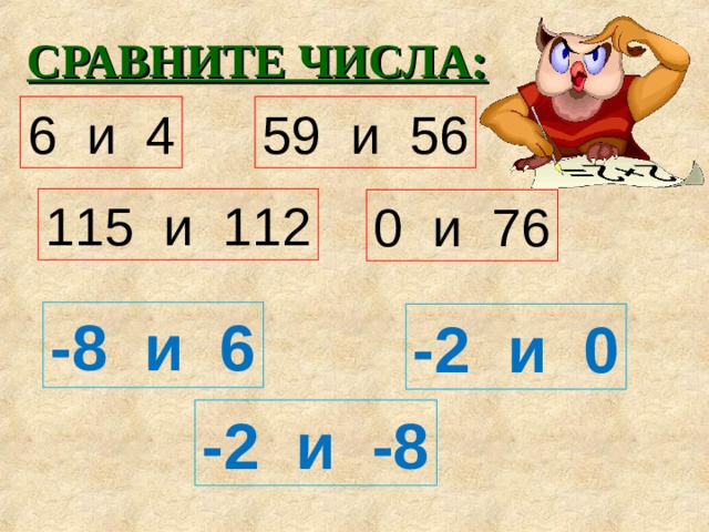 СРАВНИТЕ ЧИСЛА:  6 и 4 59 и 56 115 и 112 0 и 76 -8 и 6 -2 и 0 -2 и -8 