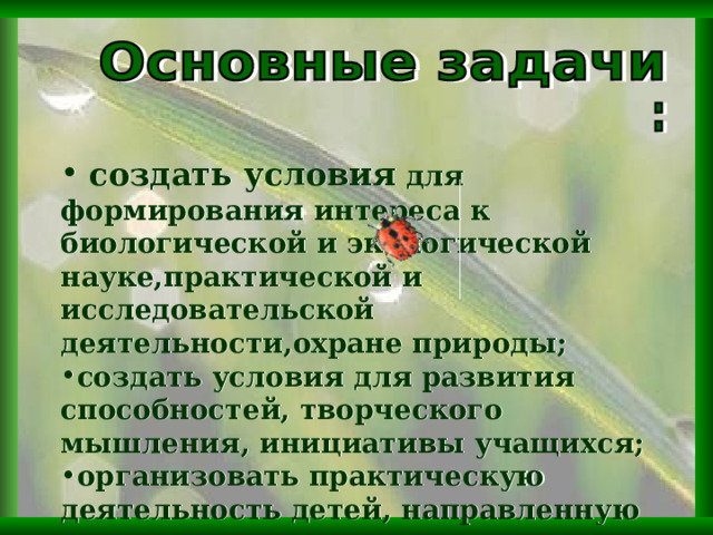  создать условия для формирования интереса к биологической и экологической науке,практической и исследовательской деятельности,охране природы; создать условия для развития способностей, творческого мышления, инициативы учащихся; организовать практическую деятельность детей, направленную на проведение конкретных природоохранных актов; Защищать окружающую среду от загрязнения. 3 