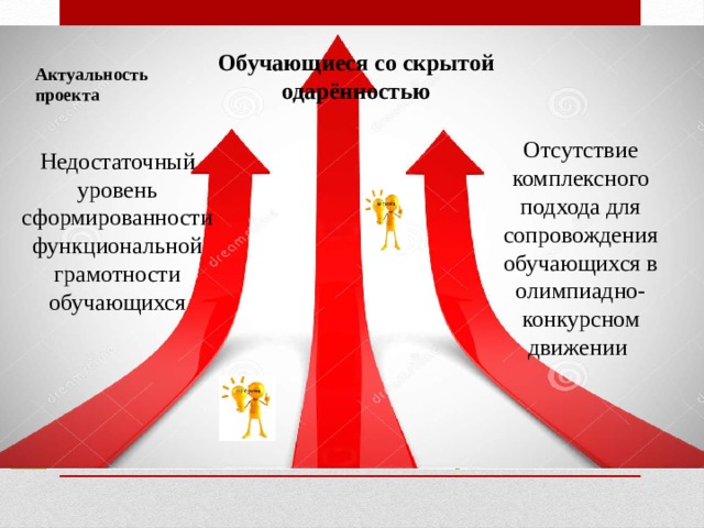 Обучающиеся со скрытой одарённостью Актуальность проекта Отсутствие комплексного подхода для сопровождения обучающихся в олимпиадно-конкурсном движении Недостаточный уровень сформированности функциональной грамотности обучающихся