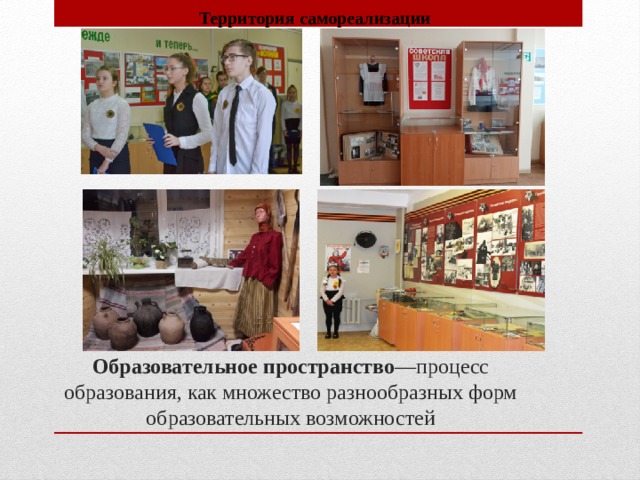 Территория самореализации Образовательное пространство —процесс образования, как множество разнообразных форм образовательных возможностей