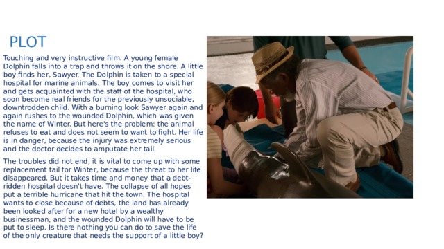 PLOT Touching and very instructive film. A young female Dolphin falls into a trap and throws it on the shore. A little boy finds her, Sawyer. The Dolphin is taken to a special hospital for marine animals. The boy comes to visit her and gets acquainted with the staff of the hospital, who soon become real friends for the previously unsociable, downtrodden child. With a burning look Sawyer again and again rushes to the wounded Dolphin, which was given the name of Winter. But here's the problem: the animal refuses to eat and does not seem to want to fight. Her life is in danger, because the injury was extremely serious and the doctor decides to amputate her tail. The troubles did not end, it is vital to come up with some replacement tail for Winter, because the threat to her life disappeared. But it takes time and money that a debt-ridden hospital doesn't have. The collapse of all hopes put a terrible hurricane that hit the town. The hospital wants to close because of debts, the land has already been looked after for a new hotel by a wealthy businessman, and the wounded Dolphin will have to be put to sleep. Is there nothing you can do to save the life of the only creature that needs the support of a little boy? 