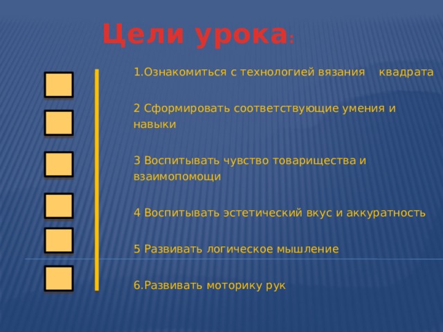 Цели урока : 1.Ознакомиться с технологией вязания квадрата 2 Сформировать соответствующие умения и навыки 3 Воспитывать чувство товарищества и взаимопомощи 4 Воспитывать эстетический вкус и аккуратность 5 Развивать логическое мышление 6.Развивать моторику рук 