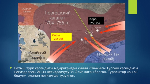 Кара тургош Сары тургош Батыш турк кагандыгы ыдырагандан кийин 704-жылы Тургош кагандыгы негизделген. Анын негиздоочусу Уч-Элиг каган болгон. Тургоштор «он ок бодун» элинин негизинде тузулгон. 