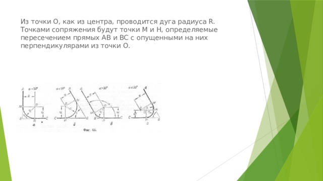 Из точки О, как из центра, проводится дуга радиуса R. Точками сопряжения будут точки M и Н, определяемые пересечением прямых AB и ВС с опущенными на них перпендикулярами из точки О. 