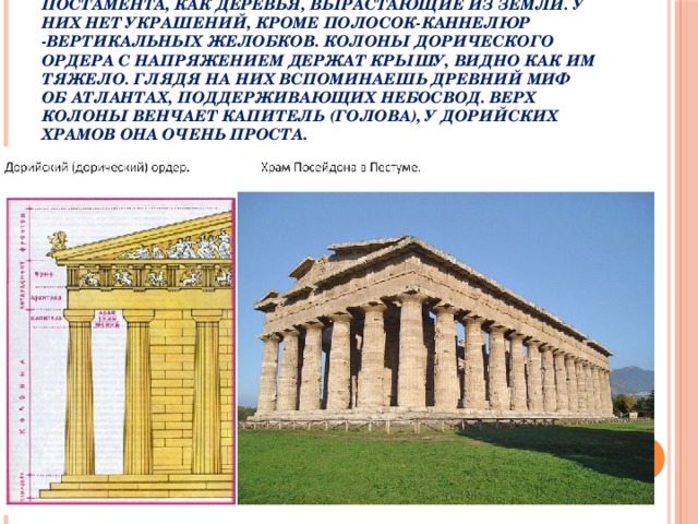 В дорическом храме колонны встают прямо из постамента, как деревья, вырастающие из земли. У них нет украшений, кроме полосок-каннелюр -вертикальных желобков. Колоны дорического ордера с напряжением держат крышу, видно как им тяжело. Глядя на них вспоминаешь древний миф об атлантах, поддерживающих небосвод. Верх колоны венчает капитель (голова), у дорийских храмов она очень проста. 