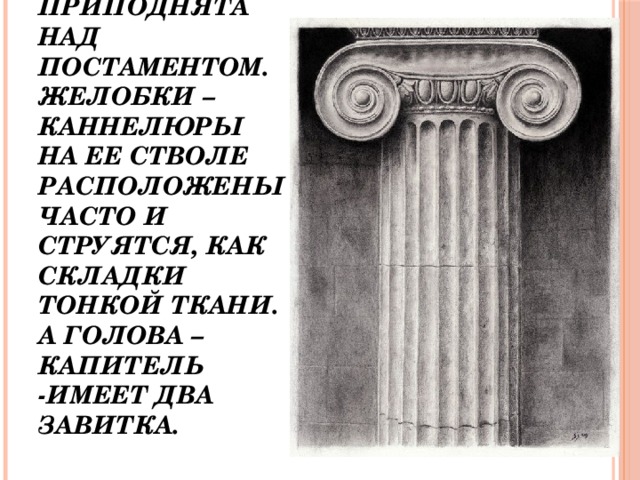 Колона ионического храма приподнята над постаментом. Желобки –каннелюры на ее стволе расположены часто и струятся, как складки тонкой ткани. А голова – капитель -имеет два завитка. 