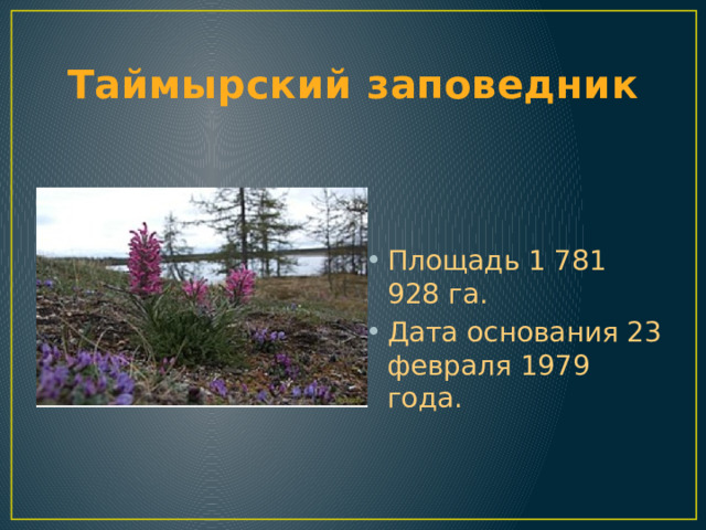 Таймырский заповедник Площадь 1 781 928 га. Дата основания 23 февраля 1979 года. 
