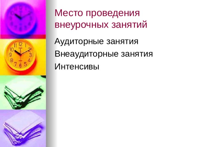 Место проведения внеурочных занятий Аудиторные занятия Внеаудиторные занятия Интенсивы 