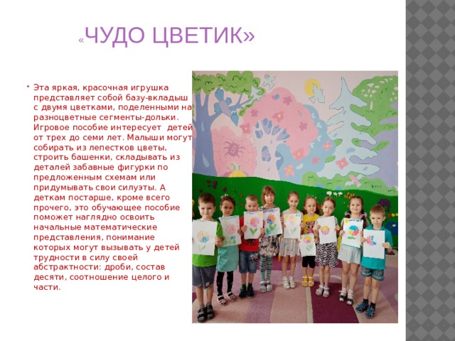  « ЧУДО ЦВЕТИК» Эта яркая, красочная игрушка представляет собой базу-вкладыш с двумя цветками, поделенными на разноцветные сегменты-дольки. Игровое пособие интересует детей от трех до семи лет. Малыши могут собирать из лепестков цветы, строить башенки, складывать из деталей забавные фигурки по предложенным схемам или придумывать свои силуэты. А деткам постарше, кроме всего прочего, это обучающее пособие поможет наглядно освоить начальные математические представления, понимание которых могут вызывать у детей трудности в силу своей абстрактности: дроби, состав десяти, соотношение целого и части. 