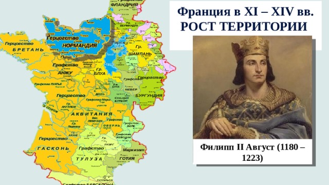 Франция в XI – XIV вв. РОСТ ТЕРРИТОРИИ  Филипп II Август (1180 – 1223) 