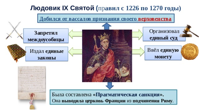 Людовик IX Святой ( пр авил с 1226 по 1270 годы) Добился от вассалов признания своего верховенства Организовал единый суд Запретил междоусобицы Ввёл единую монету Издал единые законы Была составлена « Прагматическая санкция ». Она выводила церковь Франции из подчинения Риму . 