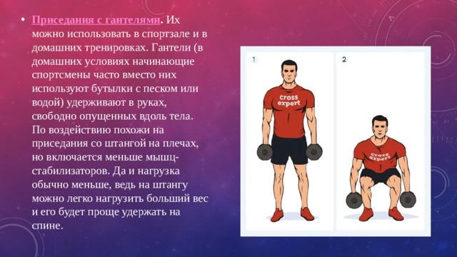 Приседания с гантелями . Их можно использовать в спортзале и в домашних тренировках. Гантели (в домашних условиях начинающие спортсмены часто вместо них используют бутылки с песком или водой) удерживают в руках, свободно опущенных вдоль тела. По воздействию похожи на приседания со штангой на плечах, но включается меньше мышц-стабилизаторов. Да и нагрузка обычно меньше, ведь на штангу можно легко нагрузить больший вес и его будет проще удержать на спине. 