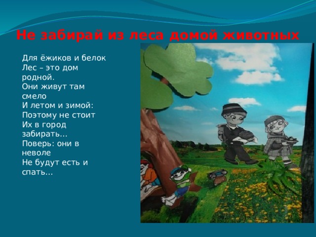 Не забирай из леса домой животных    Для ёжиков и белок  Лес – это дом родной.  Они живут там смело  И летом и зимой:  Поэтому не стоит  Их в город забирать…  Поверь: они в неволе  Не будут есть и спать…   