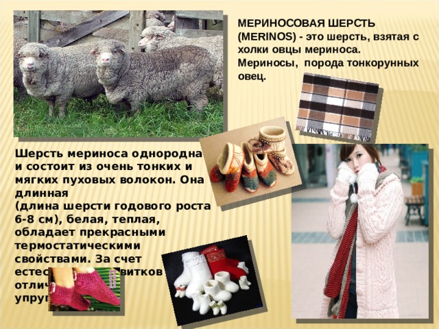 МЕРИНОСОВАЯ ШЕРСТЬ (MERINOS) - это шерсть, взятая с холки овцы мериноса. Мериносы,  порода тонкорунных овец. Шерсть мериноса однородна и состоит из очень тонких и мягких пуховых волокон. Она длинная (длина шерсти годового роста 6-8 см), белая, теплая, обладает прекрасными термостатическими свойствами. За счет естественных завитков она отличается упругостью. 