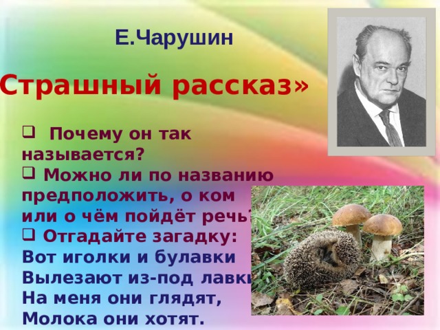 Е.Чарушин «Страшный рассказ»  Почему он так называется?  Можно ли по названию предположить, о ком или о чём пойдёт речь?  Отгадайте загадку: Вот иголки и булавки Вылезают из-под лавки. На меня они глядят, Молока они хотят. 