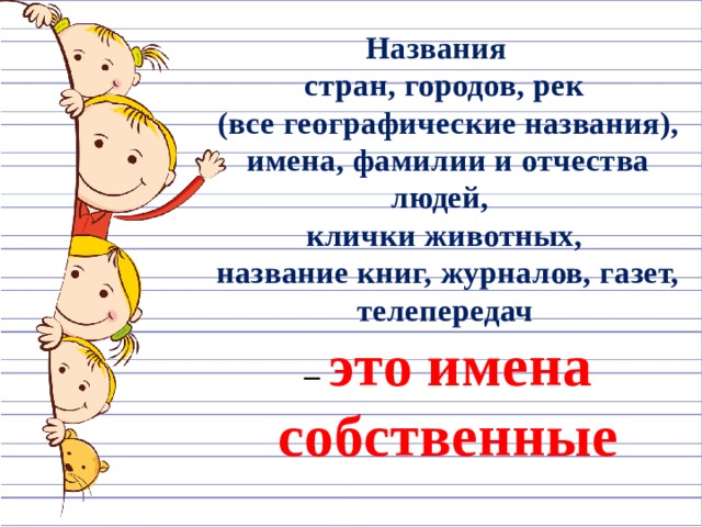 Названия стран, городов, рек (все географические названия), имена, фамилии и отчества людей, клички животных, название книг, журналов, газет, телепередач  – это имена собственные   