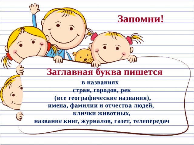 Запомни! Заглавная буква пишется в названиях стран, городов, рек (все географические названия), имена, фамилии и отчества людей, клички животных, название книг, журналов, газет, телепередач  