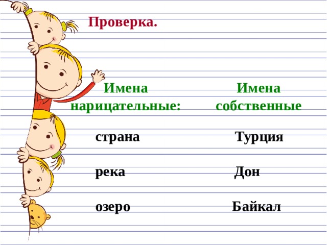 Проверка.   Имена Имена собственные нарицательные:  страна Турция  река Дон  озеро Байкал 