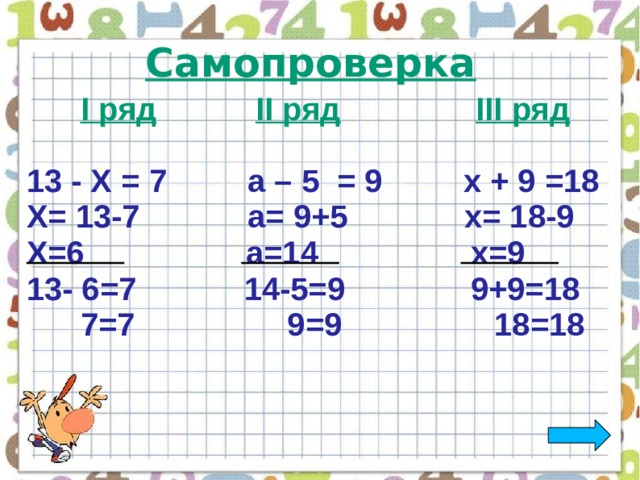 Самопроверка  І ряд  ІІ ряд  ІІІ ряд  13 - Х = 7 a – 5 = 9 х + 9 =18 Х= 13-7 а= 9+5 х= 18-9 Х=6 а=14 х=9 13- 6=7 14-5=9 9+9=18  7=7 9=9 18=18 
