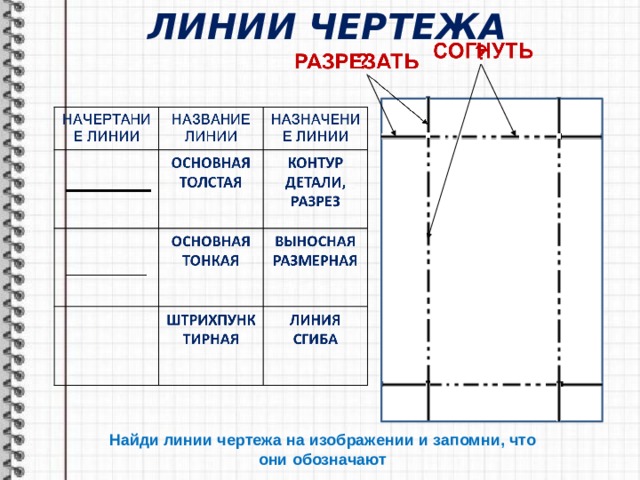 ЛИНИИ ЧЕРТЕЖА Найди линии чертежа на изображении и запомни, что они обозначают 