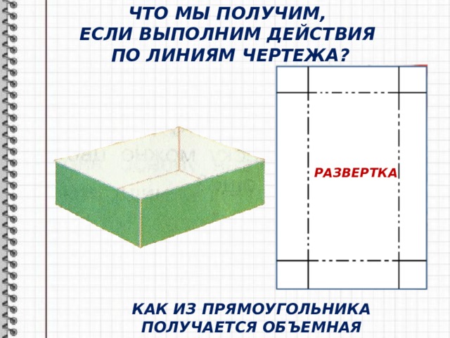 ЧТО МЫ ПОЛУЧИМ,  ЕСЛИ ВЫПОЛНИМ ДЕЙСТВИЯ  ПО ЛИНИЯМ ЧЕРТЕЖА? РАЗВЕРТКА КАК ИЗ ПРЯМОУГОЛЬНИКА ПОЛУЧАЕТСЯ ОБЪЕМНАЯ КОРОБКА? 
