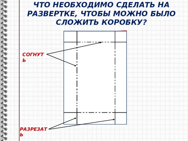 ЧТО НЕОБХОДИМО СДЕЛАТЬ НА РАЗВЕРТКЕ, ЧТОБЫ МОЖНО БЫЛО СЛОЖИТЬ КОРОБКУ? СОГНУТЬ РАЗРЕЗАТЬ 