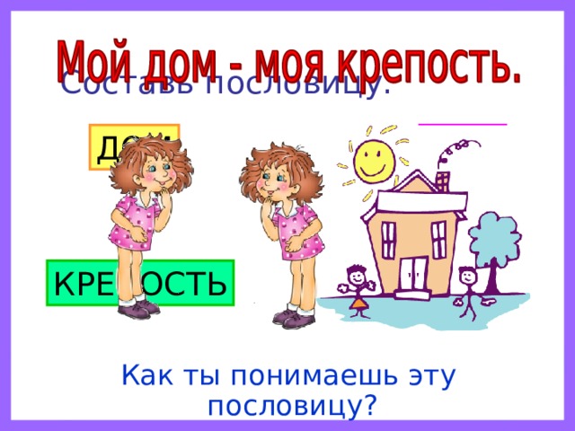 Составь пословицу. ДОМ МОЯ КРЕПОСТЬ МОЙ Как ты понимаешь эту пословицу? 