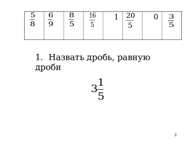  1  0 1.  Назвать дробь, равную дроб и  