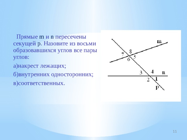  Прямые m и n пересечены секущей р . Назовите из восьми образовавшихся углов все пары углов:  а)накрест лежащих;  б)внутренних односторонних;  в)соответственных. 