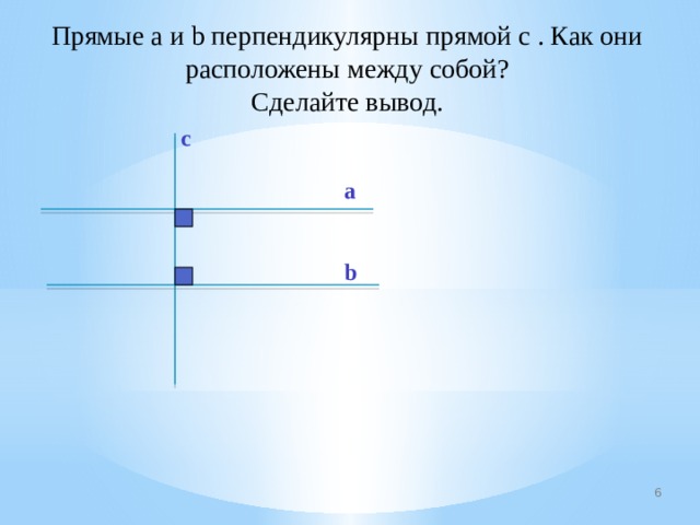 Прямые a и b перпендикулярны прямой с . Как они расположены между собой? Сделайте вывод. с а b 