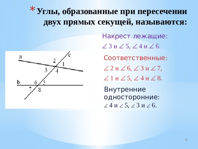 Углы, образованные при пересечении двух прямых секущей, называются: Накрест лежащие:   3 и  5,  4 и  6. Соответственные:   2 и  6,  3 и  7,   1 и  5,  4 и  8. Внутренние односторонние:   4 и   5,   3 и   6. 