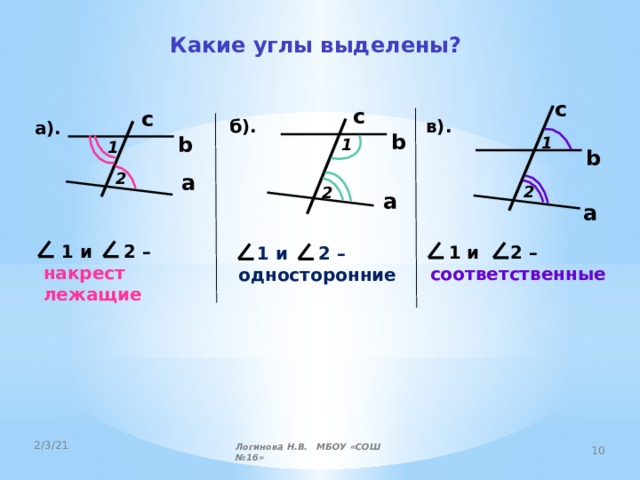 Какие углы выделены? c c c б). в). а). b b 1 1 1 b 2 a 2 2 a a  1 и 2 – накрест лежащие  1 и 2 – соответственные  1 и 2 – односторонние Логинова Н.В. МБОУ «СОШ №16» 