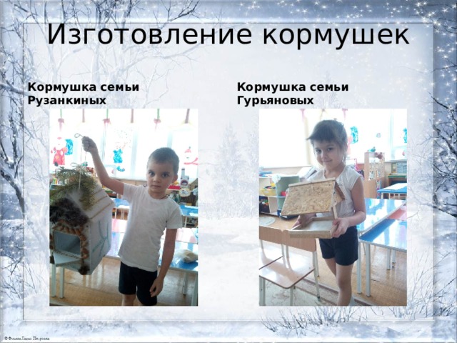 Изготовление кормушек Кормушка семьи Рузанкиных Кормушка семьи Гурьяновых 