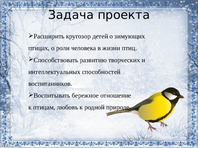 Задача проекта Расширить кругозор детей о зимующих птицах, о роли человека в жизни птиц. Способствовать развитию творческих и интеллектуальных способностей воспитанников. Воспитывать бережное отношение к птицам, любовь к родной природе. 