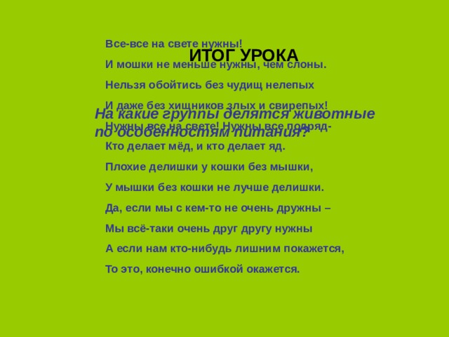 Все-все на свете нужны! И мошки не меньше нужны, чем слоны. Нельзя обойтись без чудищ нелепых И даже без хищников злых и свирепых! Нужны все на свете! Нужны все подряд- Кто делает мёд, и кто делает яд. Плохие делишки у кошки без мышки, У мышки без кошки не лучше делишки. Да, если мы с кем-то не очень дружны – Мы всё-таки очень друг другу нужны А если нам кто-нибудь лишним покажется, То это, конечно ошибкой окажется.  ИТОГ УРОКА На какие группы делятся животные по особенностям питания?