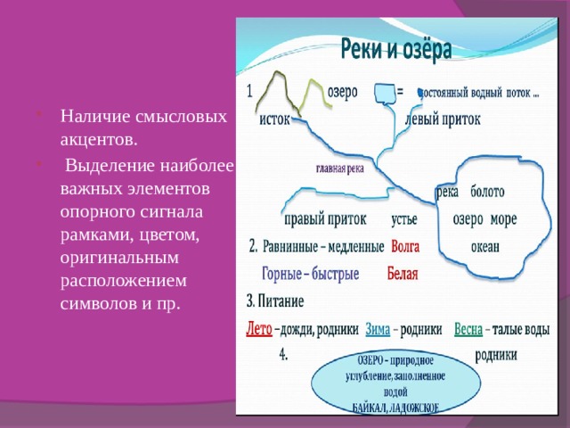 Наличие смысловых акцентов.  Выделение наиболее важных элементов опорного сигнала рамками, цветом, оригинальным расположением символов и пр. 