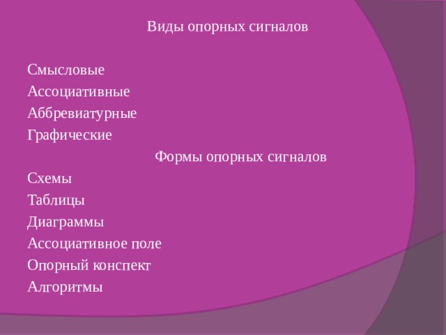  Виды опорных сигналов Смысловые Ассоциативные Аббревиатурные Графические  Формы опорных сигналов Схемы Таблицы Диаграммы Ассоциативное поле Опорный конспект Алгоритмы 