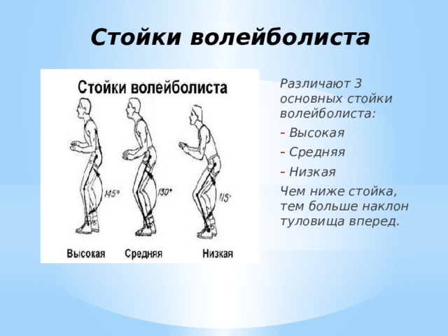 Стойки волейболиста   Различают 3 основных стойки волейболиста: Высокая Средняя Низкая Чем ниже стойка, тем больше наклон туловища вперед. 