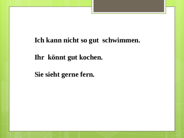 Ich kann nicht so gut schwimmen. Ihr könnt gut kochen. Sie sieht gerne fern. 
